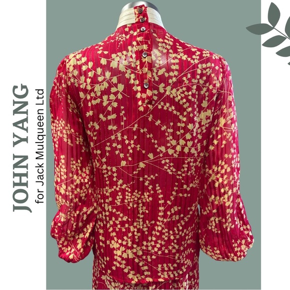 Vintage 80’s Skirt Top Set Red Gold Floral Print Cream Accent Blouse Size Size 8 - Picture 7 of 10